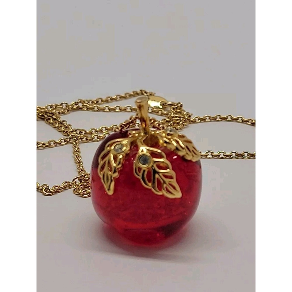 AVON Signed Lucite Candy Red Apple Necklace with Rhinestones 32" Gold Tone Chain - Picture 2 of 10